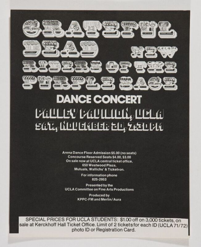 1971 Grateful Dead New Riders of the Purple Sage UCLA Pauley Pavilion Handbill Mint 93