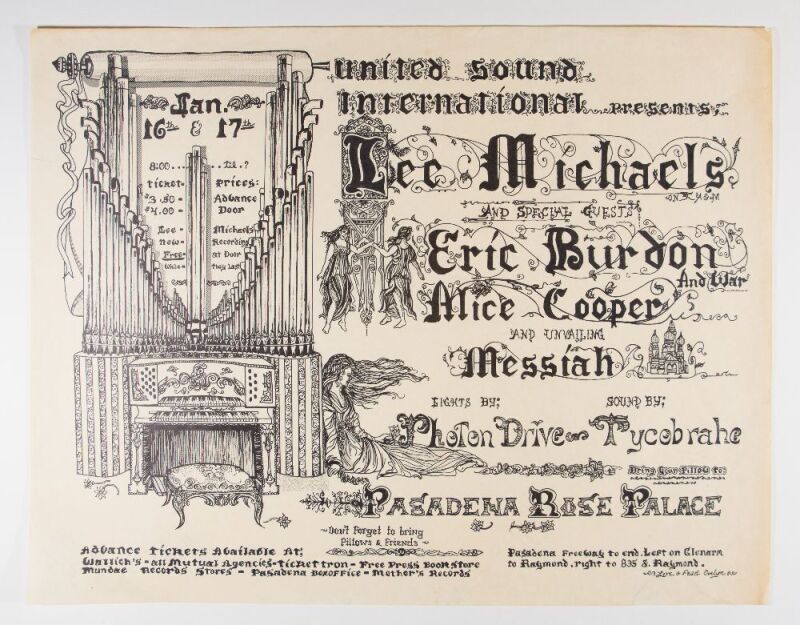 1970 Lee Michaels Eric Burdon War Alice Cooper The Rose Palace Pasadena Poster Excellent 70