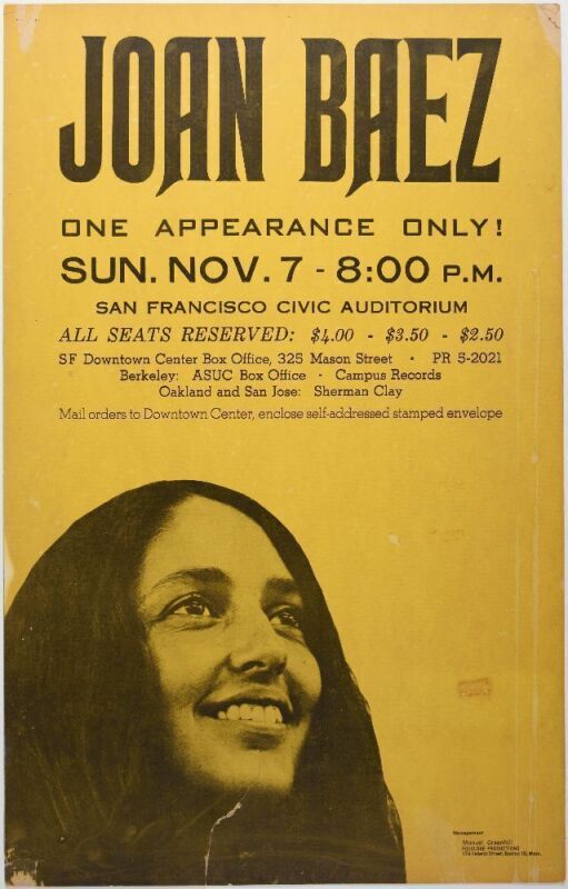 1965 Joan Baez San Francisco Civic Auditorium Cardboard Poster Extra Fine 67