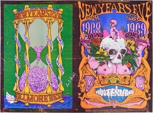 1968 BG-152 & 153 Grateful Dead Santana Vanilla Fudge Richie Havens NYE Winterland & Fillmore West Signed Conklin Uncut Poster Excellent 79