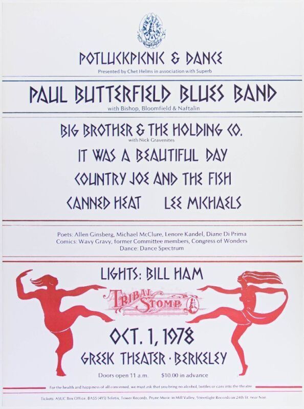 1978 Butterfield Blues Band Family Dog Tribal Stomp Greek Theatre Poster Mint 91