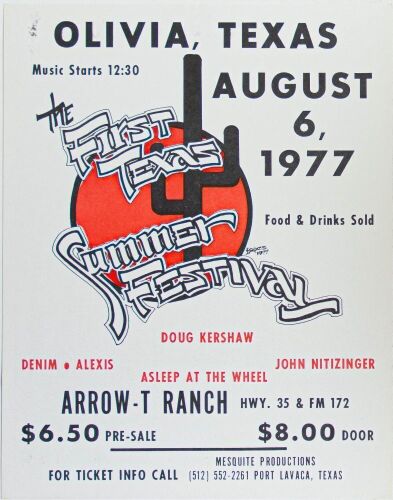 1977 Doug Kershaw Asleep at the Wheel The First Texas Summer Festival Arrow-T Ranch Olivia Poster Near Mint 83