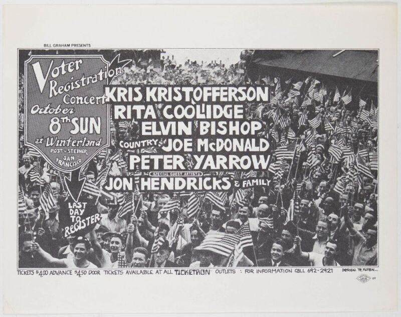 1972 Kris Kristofferson Rita Coolidge Elvin Bishop Country Joe McDonald Winterland Handbill Excellent 79