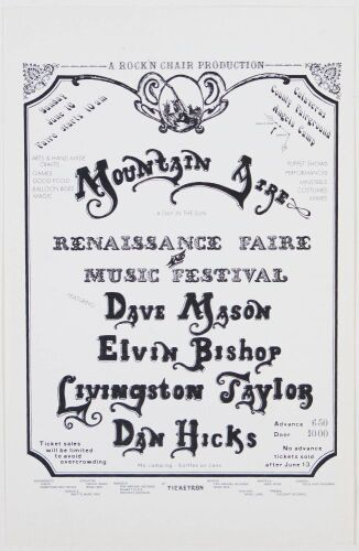 1974 Dave Mason Dan Hicks Elvin Bishop Mountain Aire Festival Calaveras County Fairgrounds Handbill Near Mint 89