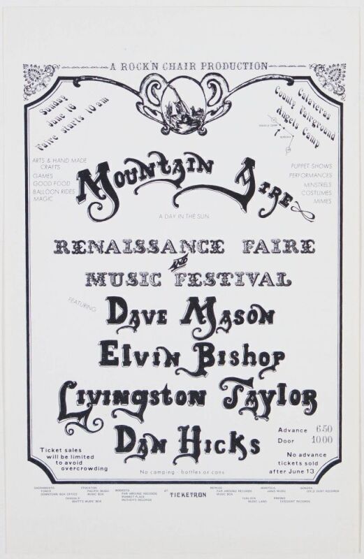1974 Dave Mason Dan Hicks Elvin Bishop Mountain Aire Festival Calaveras County Fairgrounds Handbill Near Mint 89