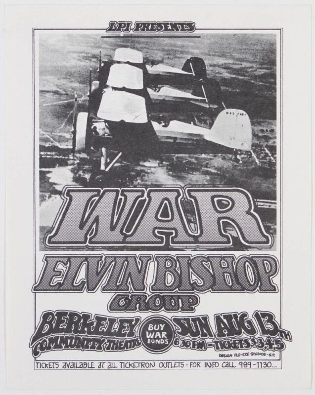 1972 War with Eric Burdon The Elvin Bishop Group Berkeley Community Theatre Handbill Near Mint 89