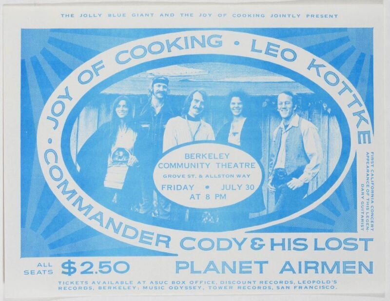 1971 Commander Cody & His Lost Planet Airmen Joy of Cooking Leo Kottke Berkeley Community Theatre Handbill Near Mint 89