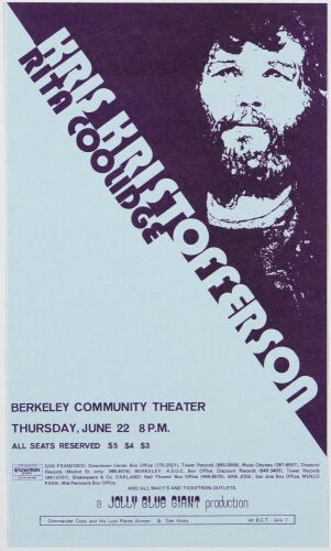 1971 Kris Kristofferson Rita Coolidge Berkeley Community Theatre Handbill Near Mint 89