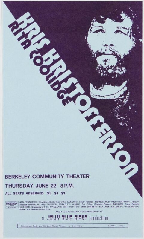 1971 Kris Kristofferson Rita Coolidge Berkeley Community Theatre Handbill Near Mint 89