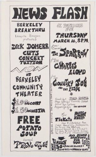 1967 Sparrow Charles Lloyd Country Joe & The Fish Berkeley Community Theatre Handbill Near Mint 89