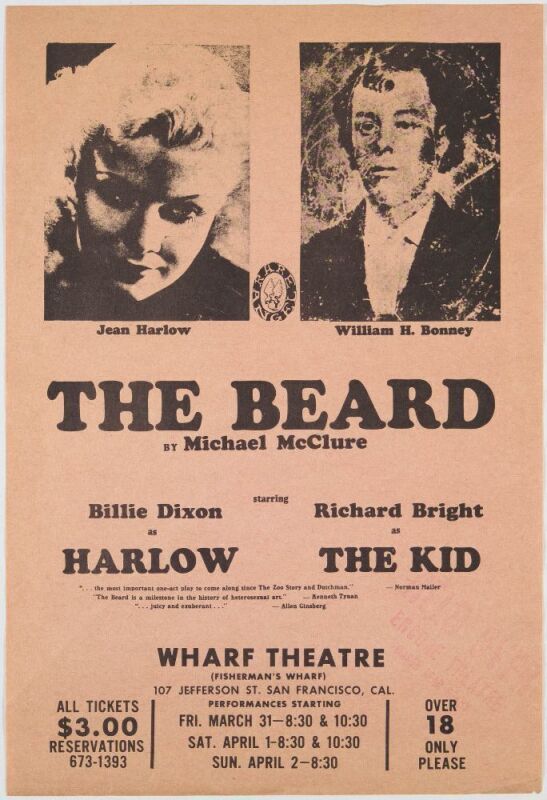 1967 The Beard by Michael McClure The Wharf Theatre Handbill Excellent 75
