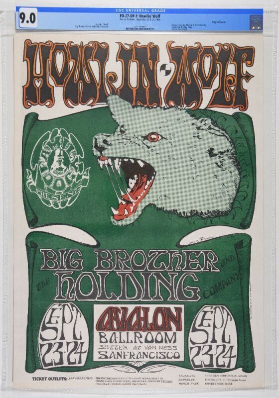 1966 FD-27 Howlin' Wolf Big Brother Avalon Ballroom Poster CGC 9.0