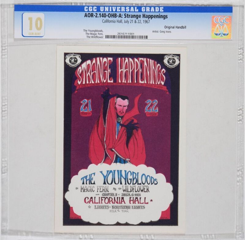 1967 AOR-2.140 Greg Irons Strange Happenings The Youngbloods California Hall Handbill CGC 10