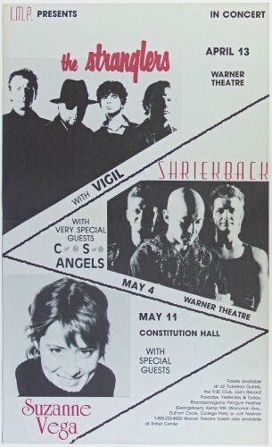1987 The Stranglers Shriekback Suzanne Vega Warner Theatre & Constitution Hall Poster Excellent 77