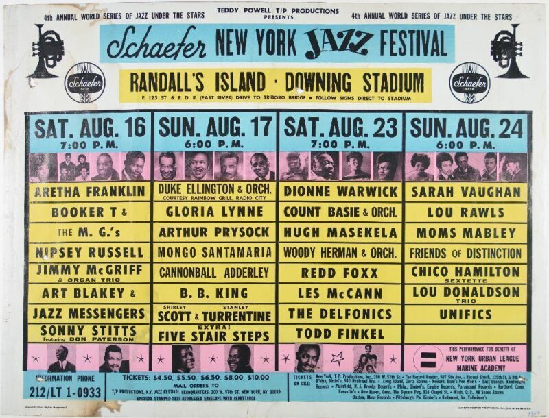1969 Aretha Franklin Duke Ellington The Schaefer New York Jazz Festival Downing Stadium Cardboard Poster Fine 51