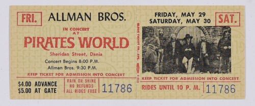 1970 Allman Brothers Band Pirate's World Unused Ticket Mint 93