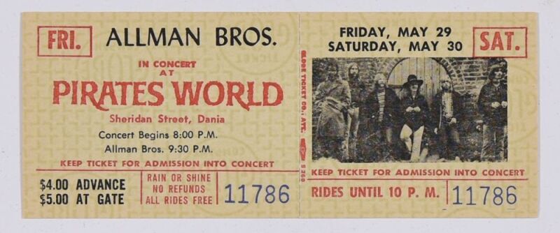 1970 Allman Brothers Band Pirate's World Unused Ticket Mint 93
