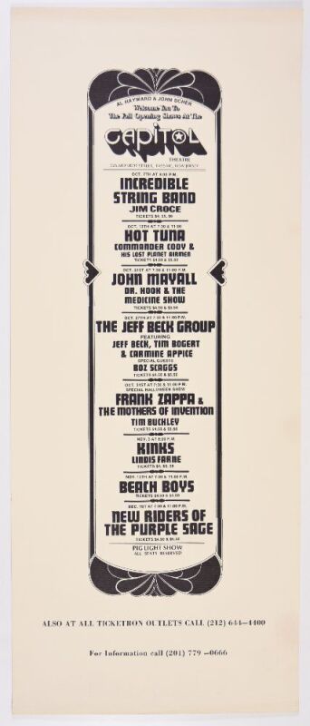 1972 Frank Zappa & The Mothers of Invention The Kinks Beach Boys The Capitol Theatre Passaic Poster Near Mint 87