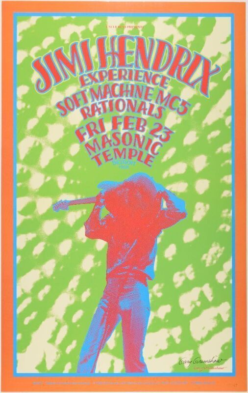 1968 G/G-680223A Jimi Hendrix Masonic Temple Detroit Commemorative RP1 Signed Grimshaw Poster Near Mint 85
