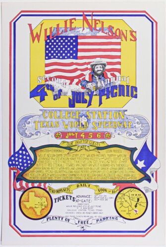 1974 The 2nd Annual Willie Nelson 4th of July Picnic College Station Texas World Speedway Poster Mint 93