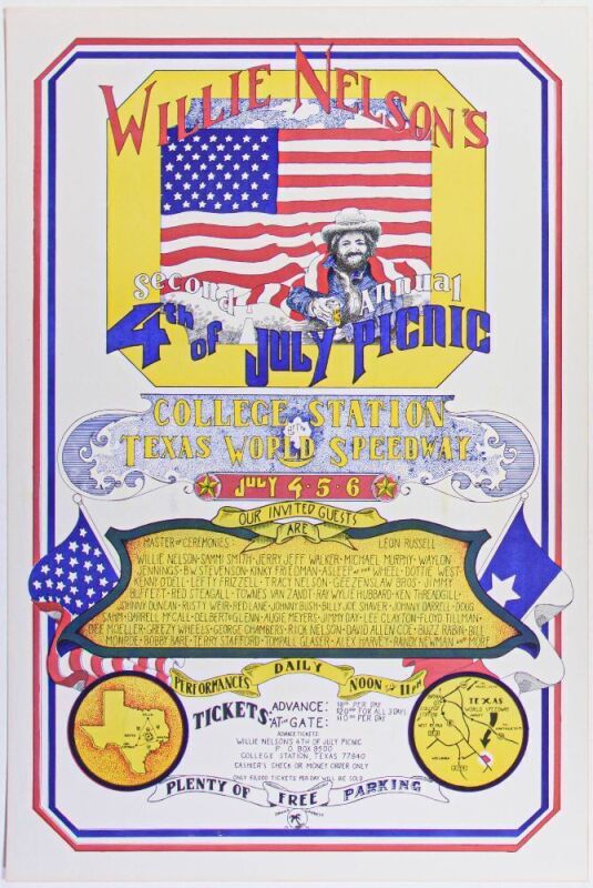 1974 The 2nd Annual Willie Nelson 4th of July Picnic College Station Texas World Speedway Poster Mint 93