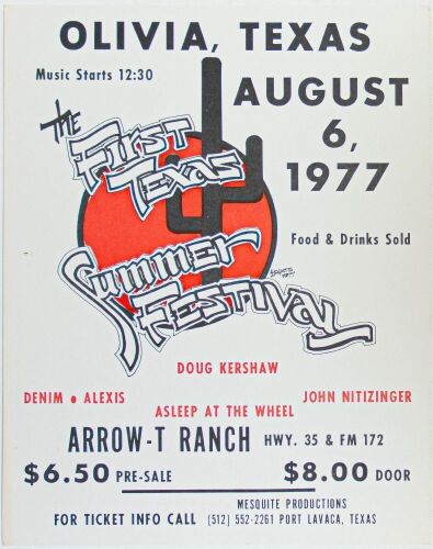 1977 Doug Kershaw Asleep at the Wheel The First Texas Summer Festival Arrow-T Ranch Olivia Poster Near Mint 83
