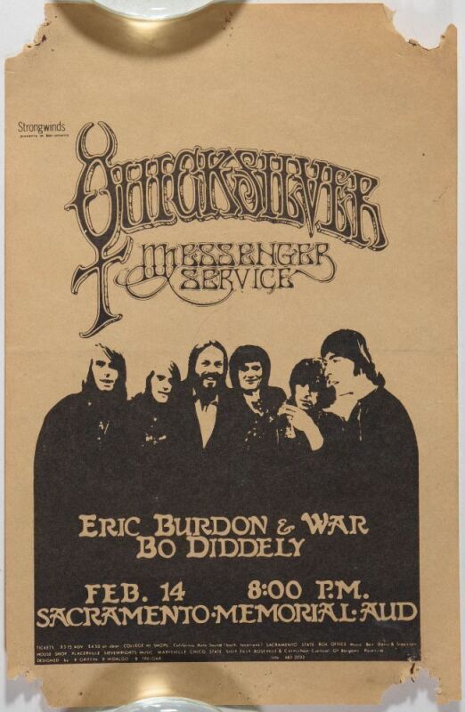 1971 Quicksilver Messenger Service Eric Burdon Bo Diddley Sacramento Memorial Handbill Extra Fine 60