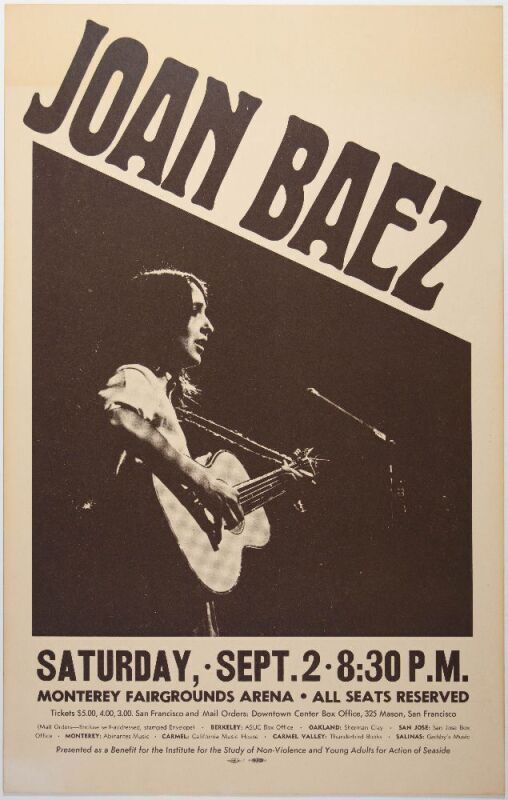1967 Joan Baez Monterey Fairgrounds Arena Cardboard Poster Excellent 79