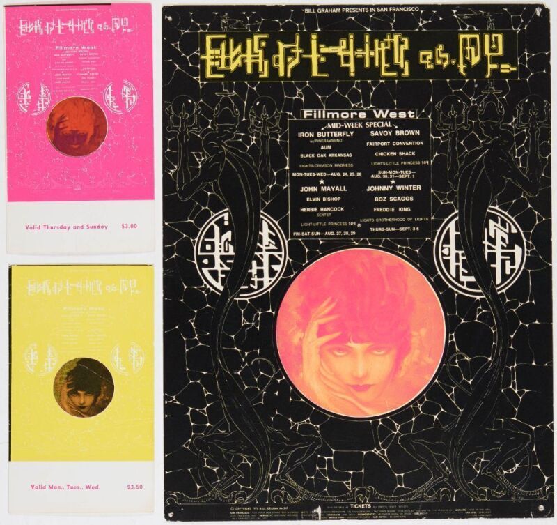 1970 BG-247 Iron Butterfly John Mayall Johnny Winter Fillmore West Postcard & Tickets Extra Fine 69
