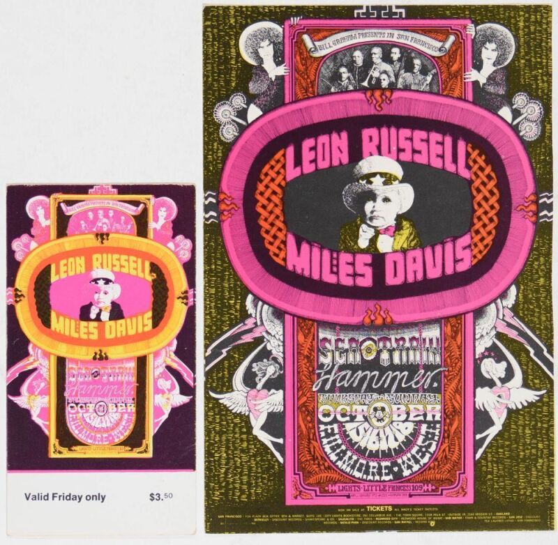 1970 BG-252 Miles Davis Leon Russell Fillmore West Postcard & Ticket Excellent 79