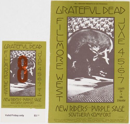 1970 BG-237 Grateful Dead New Riders Fillmore West Postcard & Ticket Extra Fine 65