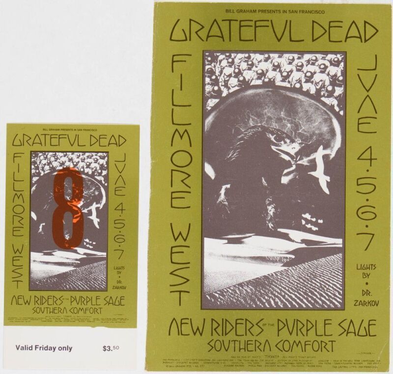 1970 BG-237 Grateful Dead New Riders Fillmore West Postcard & Ticket Extra Fine 65