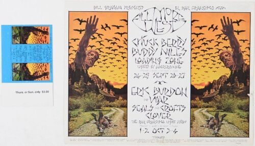 1970 BG-250 Chuck Berry Buddy Miles Eric Burdon & War Fillmore West Postcard & Ticket Near Mint 81