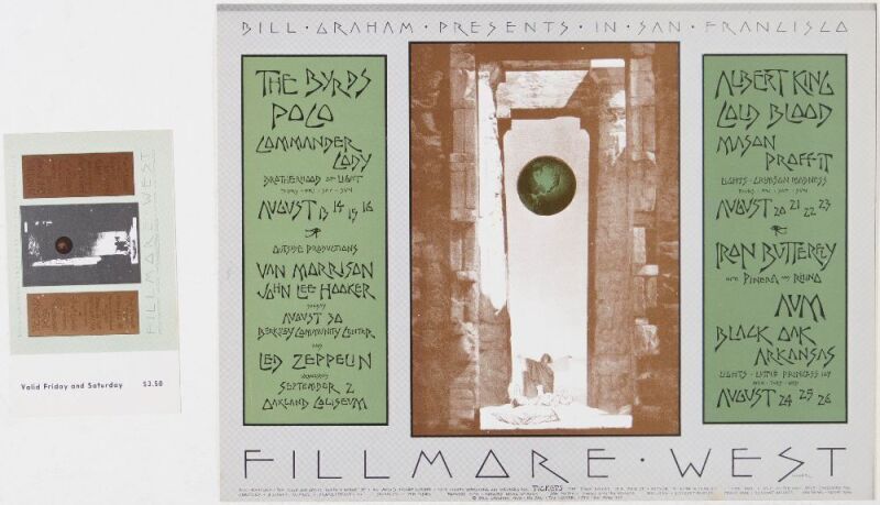 1970 BG-246 Led Zeppelin The Byrds Van Morrison Fillmore West Postcard & Ticket Near Mint 89