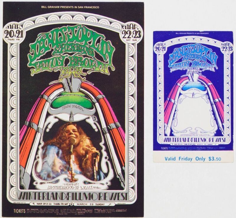 1969 BG-165 Janis Joplin Winterland & Fillmore West Postcard & Ticket Near Mint 87
