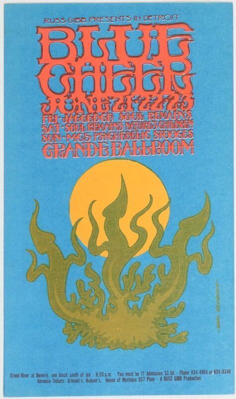1968 G/G-680621 Blue Cheer MC5 Psychedelic Stooges Grande Ballroom Detroit Postcard Near Mint 87