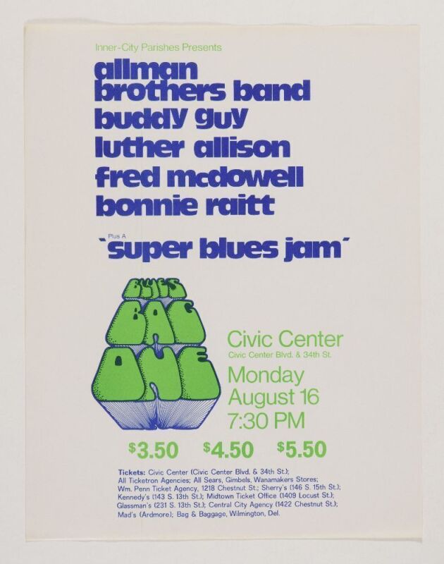 1971 Allman Brothers Band Buddy Guy Bonnie Raitt Blues Bag One Philadelphia Civic Center Flyer Excellent 79