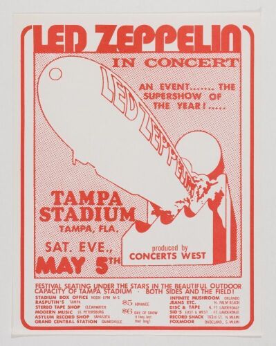 1973 Led Zeppelin Tampa Stadium Handbill Mint 93