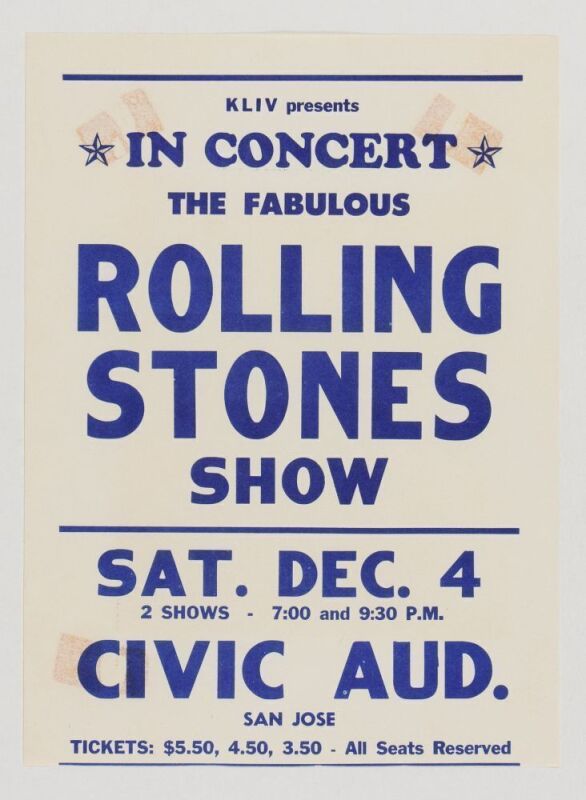 1965 Rolling Stones San Jose Civic Auditorium Handbill Fine 55 Trimmed