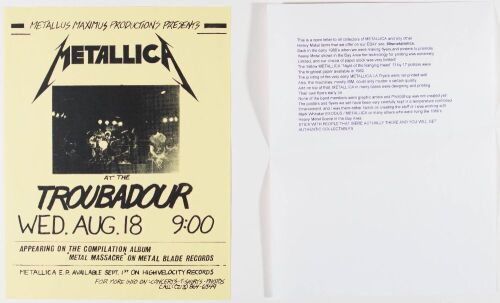 1982 Metallica The Troubadour Los Angeles Flyer Mint 93 with LOA