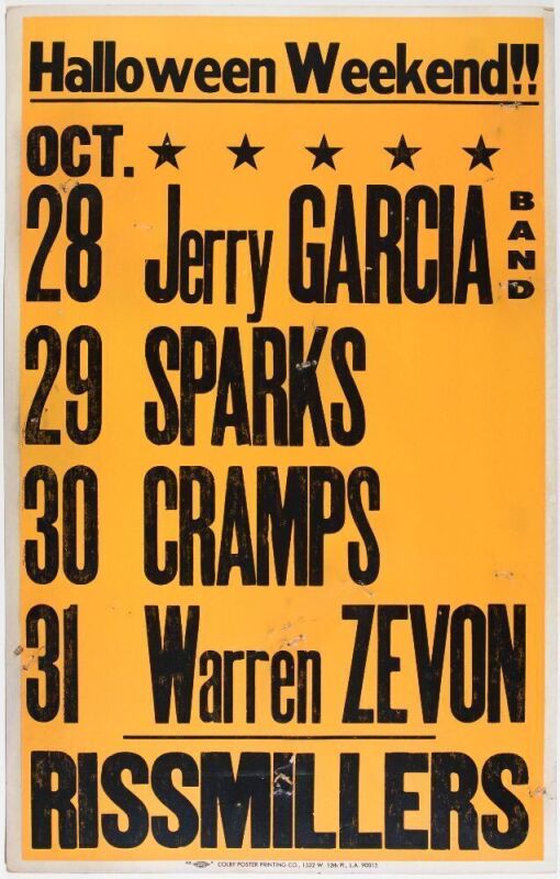 1982 Jerry Garcia Band Warren Zevon The Cramps Rissmiller's Country Club Los Angeles Cardboard Poster Excellent 75