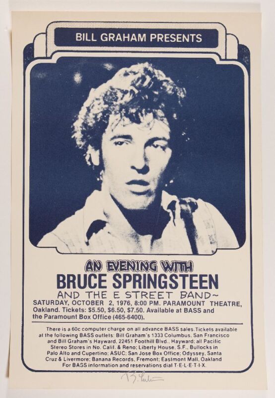 1976 Bruce Springsteen Paramount Theatre Oakland Signed Tuten Poster Near Mint 85