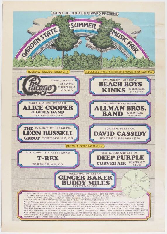 1972 Allman Brothers Band Beach Boys The Kinks Alice Cooper The Garden State Summer Calendar Poster Extra Fine 65