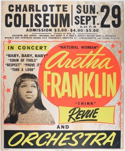 1968 Aretha Franklin Charlotte Coliseum Globe Cardboard Poster Extra Fine 63