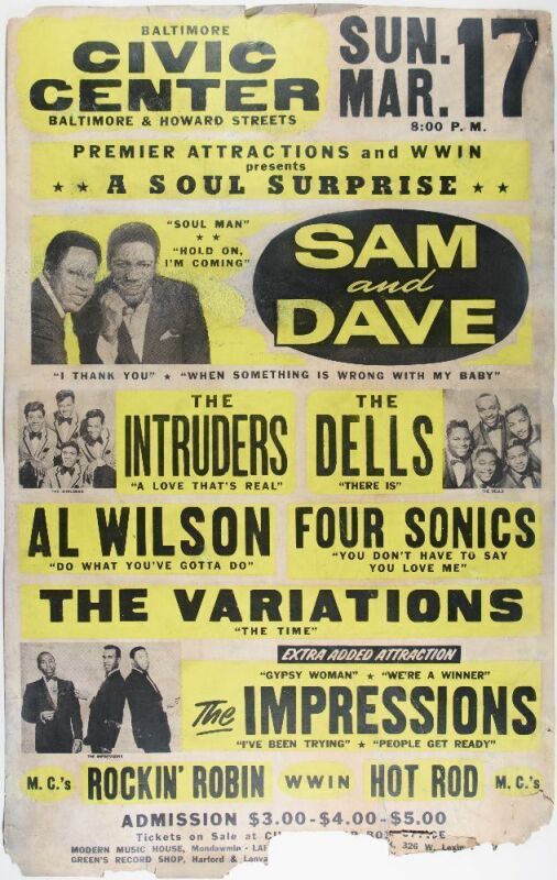1968 Sam & Dave The Impressions Baltimore Civic Center Globe Cardboard Poster