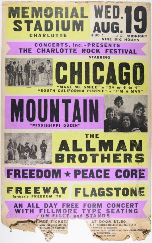 1970 Allman Brothers Band Chicago Mountain American Legion Memorial Stadium Charlotte Globe Cardboard Poster Fine 55