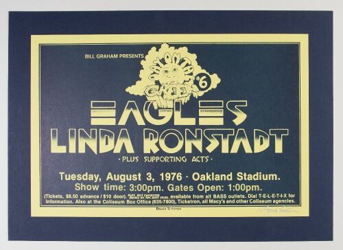1976 The Eagles Linda Ronstadt Oakland Stadium Signed Tuten Poster MOUNTED