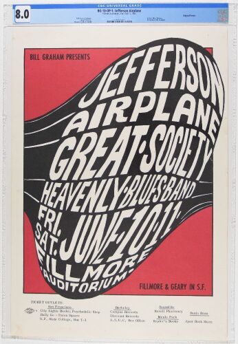 1966 BG-10 Jefferson Airplane Great Society Fillmore Auditorium Poster CGC 8.0
