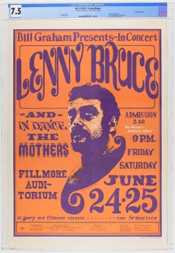 1966 BG-13 Lenny Bruce Frank Zappa The Mothers Fillmore Auditorium Poster CGC 7.5