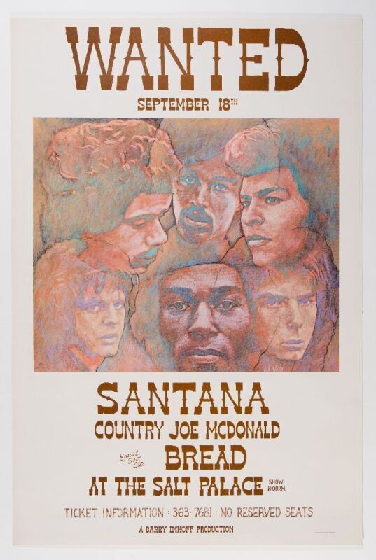 1970 Santana Country Joe McDonald Bread The Salt Palace Poster Near Mint 83